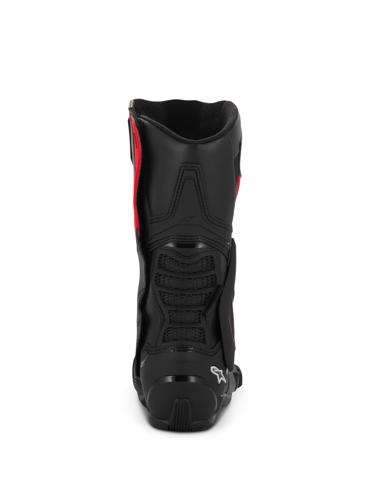 Alpinestars SMX-6 V3 Drystar® Boots, Black and Red, rear view showing TPU heel counter and calf protection, performance motorcycle riding footwear with waterproof microfiber construction
