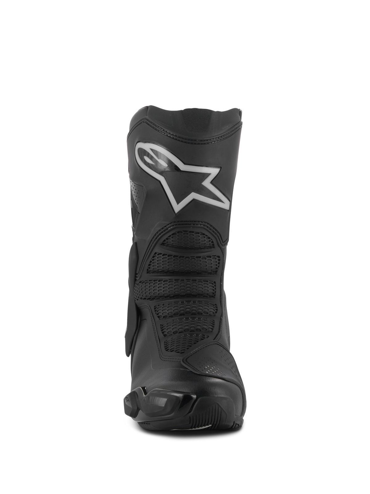 Alpinestars Stella SMX-6 V3 Drystar® støvler, motorcykelstøvler til damer, sort og sølv, set forfra med et fremtrædende hvidt Astar-logo på skinnebenspladen, avanceret mikrofiberkonstruktion med teksturerede beskyttelseszoner