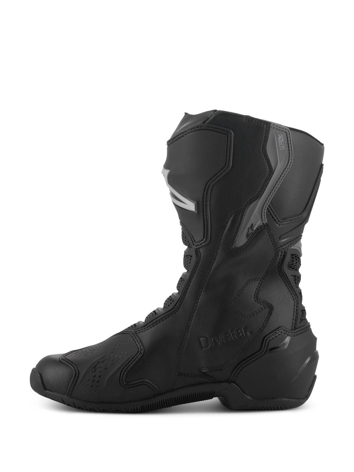 Alpinestars Stella SMX-6 V3 Drystar® støvler, vandtætte motorcykelstøvler til damer, sort og sølv, sideprofil med TPU-skinnebens- og ankelbeskyttelse, præget Drystar-logo, slidstærk mikrofiberkonstruktion til sports- og landevejskørsel