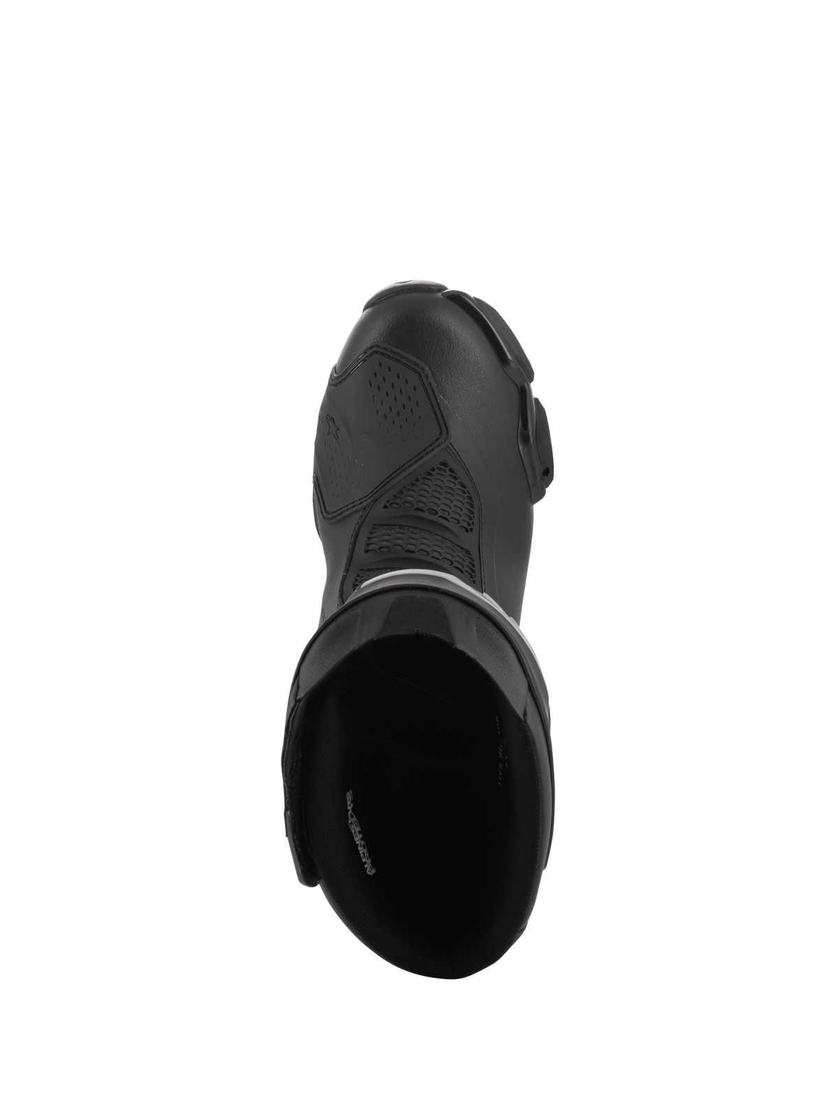 Alpinestars Stella SMX-6 V3 Drystar® støvler, performance-kørestøvler til damer, sort, set oppefra, der viser den polstrede indvendige åbning og den teksturerede mikrofiberoverdel med en beskyttende gearskiftepude