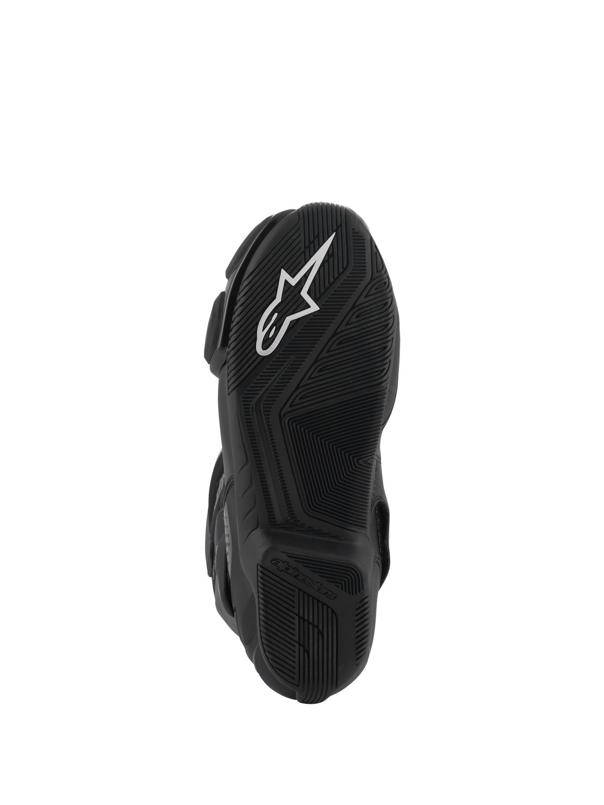 Alpinestars Stella SMX-6 V3 Drystar® støvler, bundvisning af den sorte gummisål med et fremtrædende hvidt Alpinestars-stjernelogo, tekstureret grebsmønster for optimal trækkraft og strømlinet design til kontrol over motorcyklen.