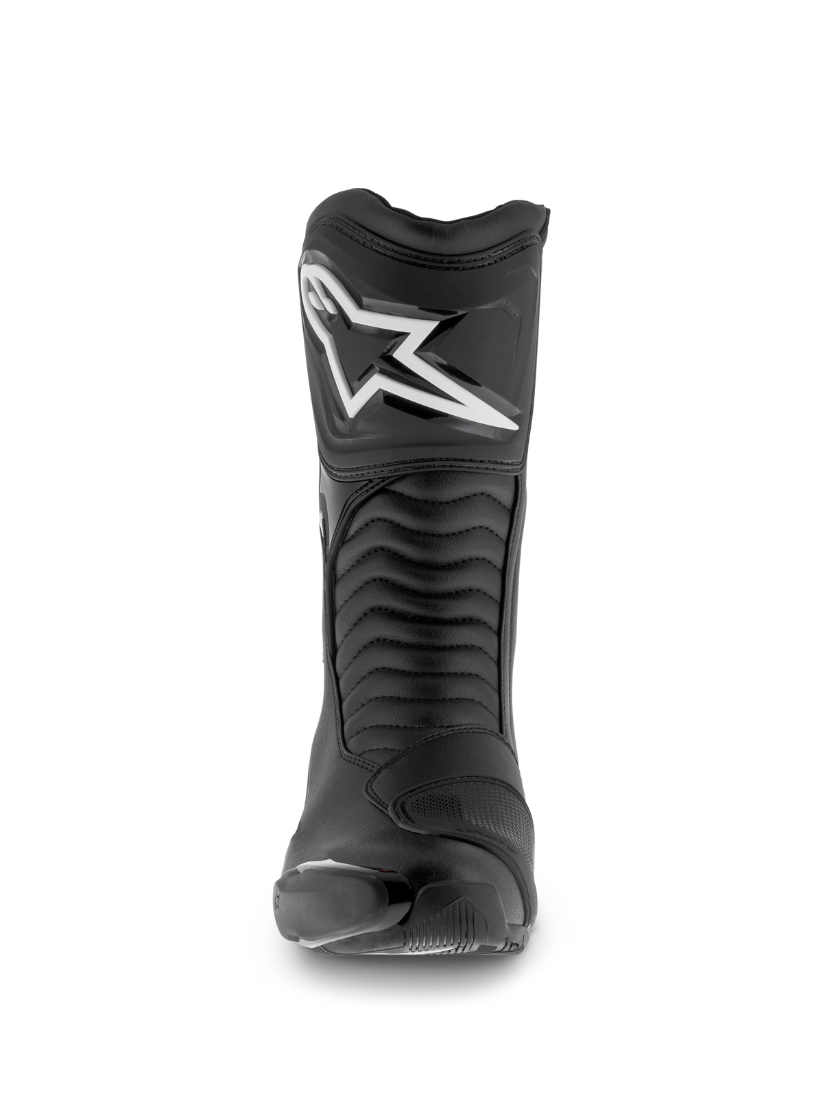 Alpinestars SMX S Waterproof-støvler, motorcykelstøvler, sort, set forfra med det hvide Astar-logo på skinnebenspladen, harmonika-flexpaneler og holdbar mikrofiberkonstruktion til sportstouring.