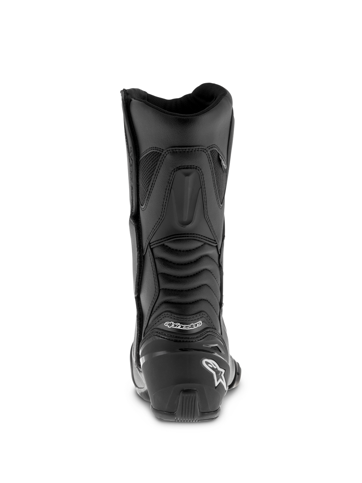 Alpinestars SMX S Waterproof-støvler, sorte motorcykelstøvler, set bagfra med forstærket hælkappe og hvidt logo, ribbede harmonika-flexpaneler for ankelmobilitet, holdbar mikrofiberkonstruktion til sport-touring.