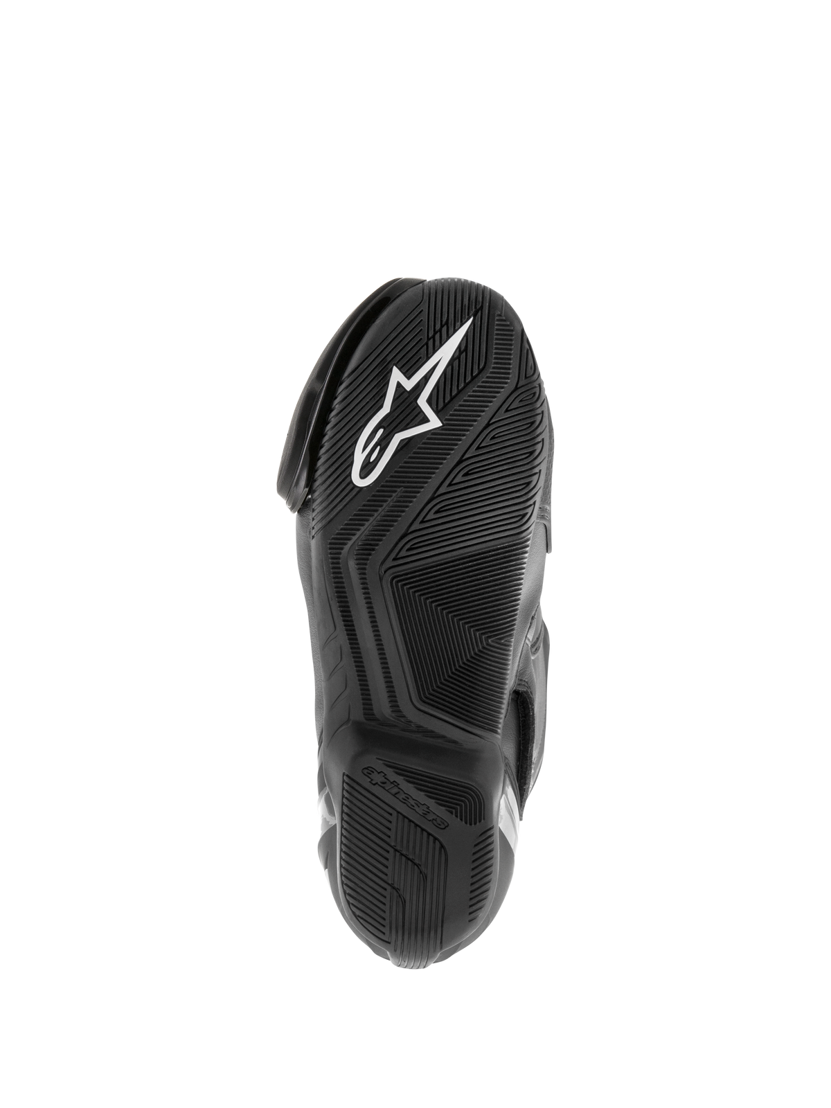 Alpinestars SMX S Waterproof støvler, motorcykelstøvler, sort, visning af den teksturerede gummisål med hvidt Astar-logo og vandspredende slidbanemønster