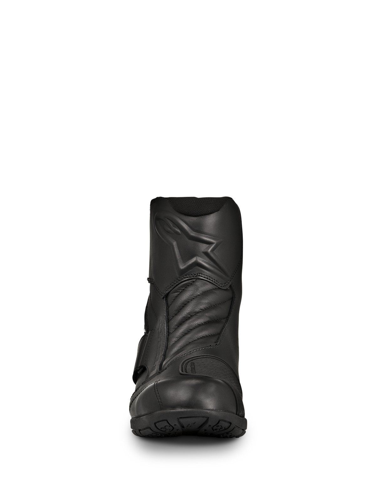 Alpinestars New Land GORE-TEX støvler, sorte road-touring motorcykelstøvler, set forfra, fuldnarvslæder konstruktion med præget stjernelogo, harmonikaflekszoner foran, vandtæt mellemlangt design til langdistanceture