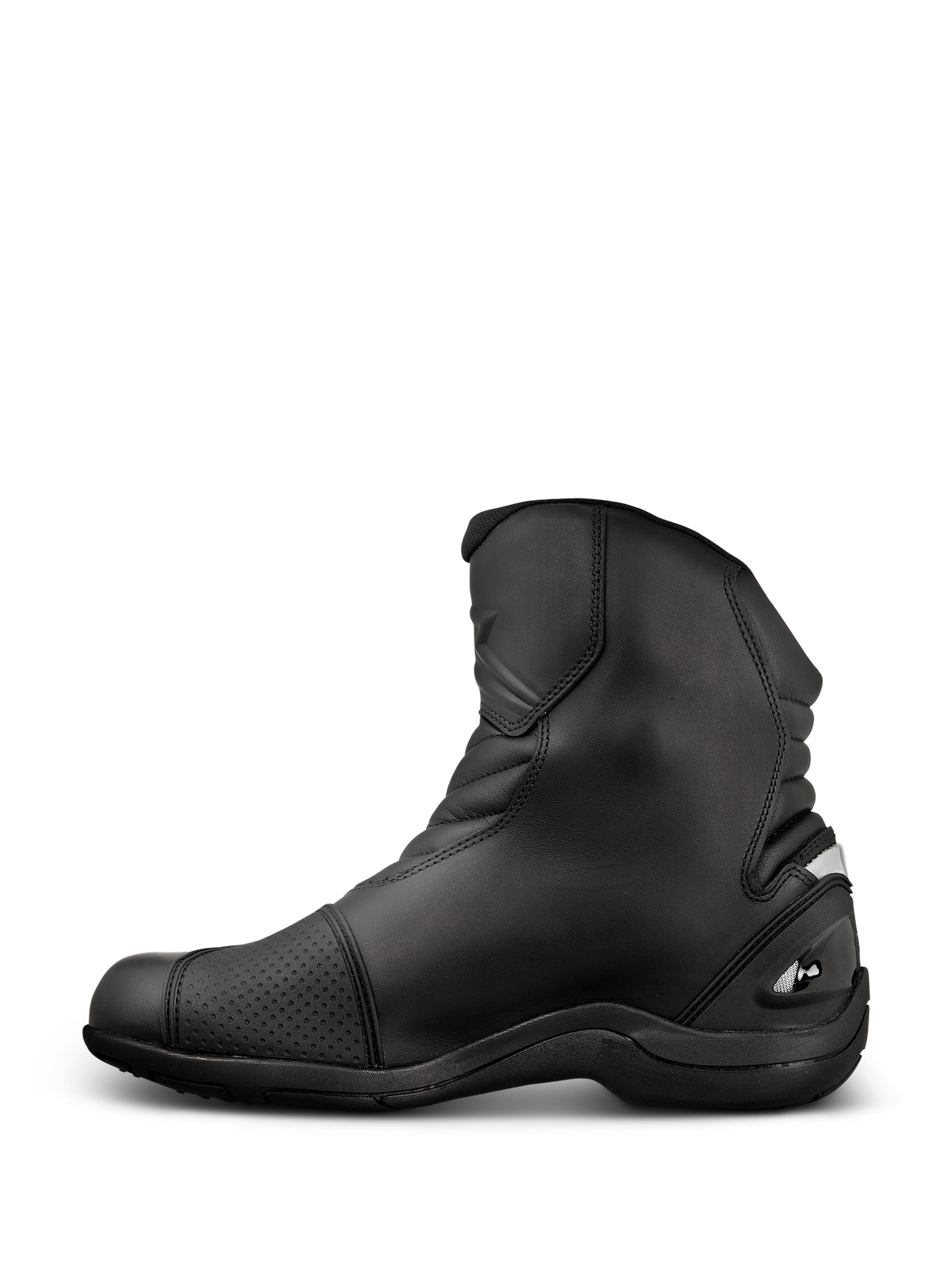 Alpinestars New Land GORE-TEX støvler, road-touring motorcykelstøvler, sort, mellemlangt design i fuldnarvet læder med harmonikaflekszoner, forstærket gearskiftepude og robust gummisål.