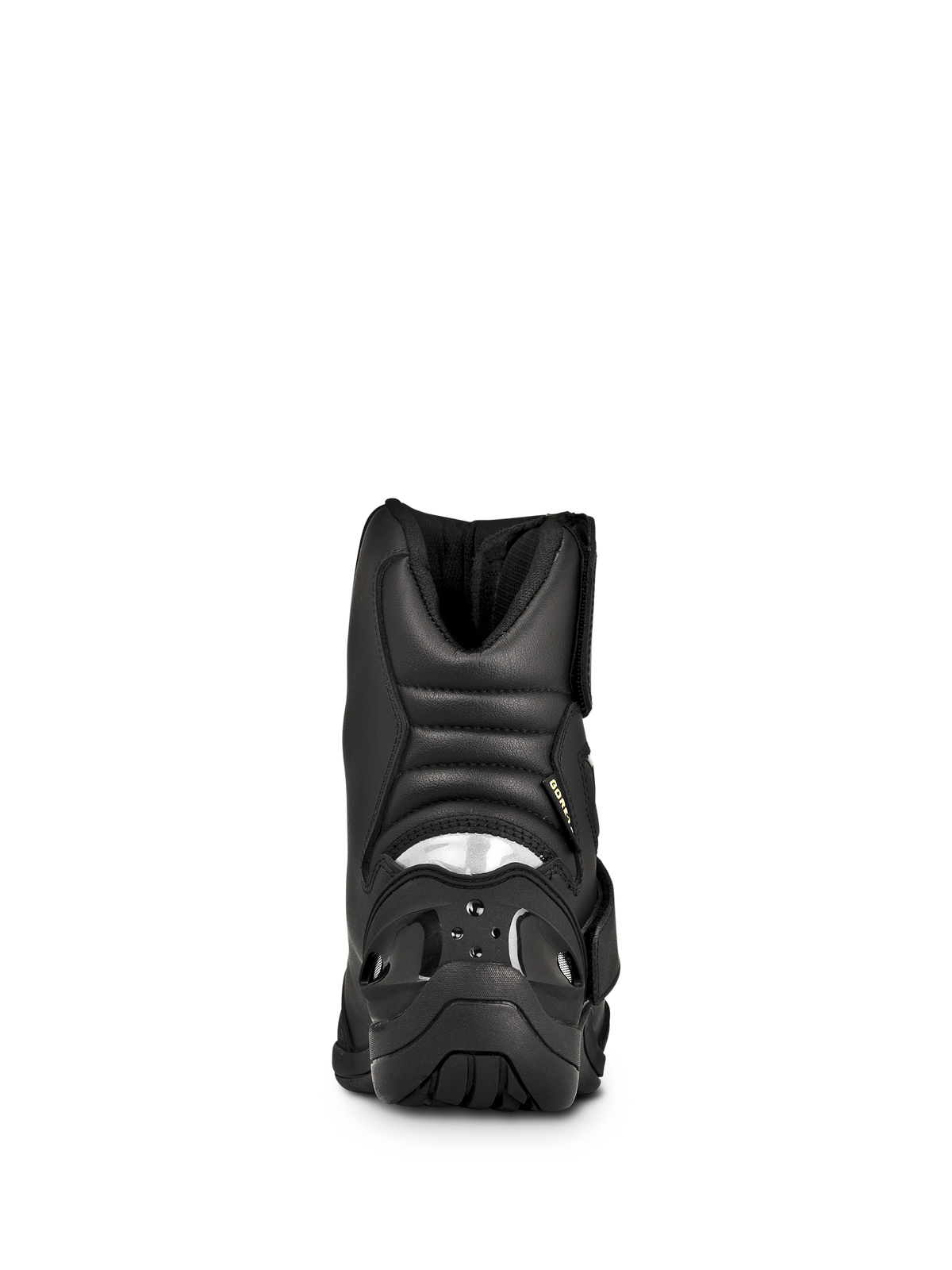 Alpinestars New Land GORE-TEX støvler, road-touring motorcykelstøvler, sort, set bagfra med polstrede harmonikaflekszoner, reflekterende hælindsats og holdbar gummiydersål.