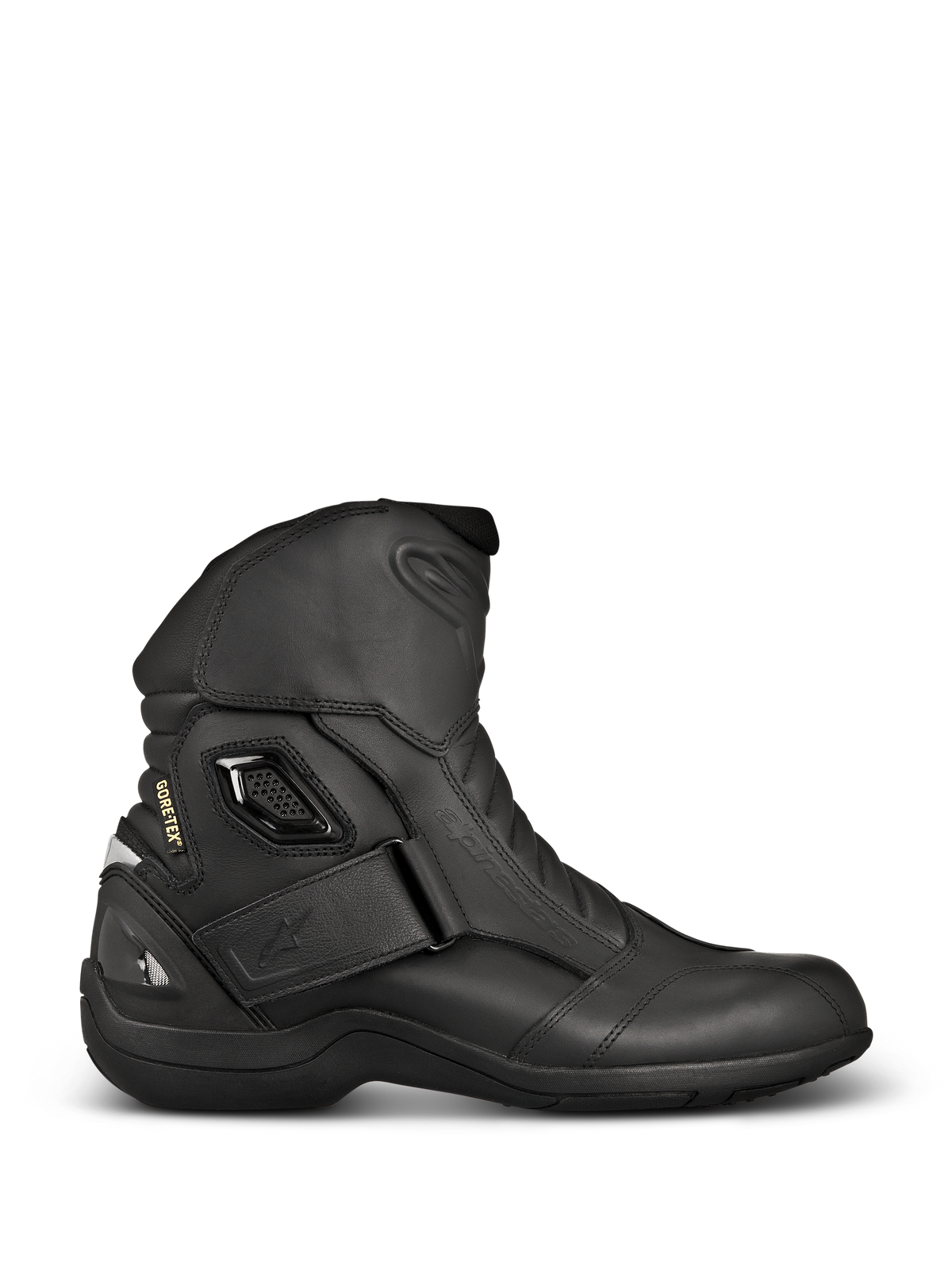 Alpinestars New Land GORE-TEX støvler, sorte motorcykelstøvler til touring, sideprofil med fuldnarvet læder, velcrorem ved ankel, GORE-TEX-branding og forstærket hæl for vandtæt beskyttelse.