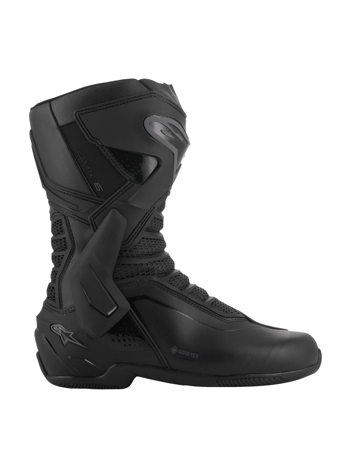 Alpinestars SMX-6 V3 GORE-TEX støvler, sort og mørkegrå, vandtætte performance-motorcykelstøvler, med lateral TPU-ankelbøjle og skinnebensplade, ergonomisk mikrofiberkonstruktion med 3D-mesh-paneler, GORE-TEX-logo på siden, specialiseret fodtøj til bane- og gadekørsel