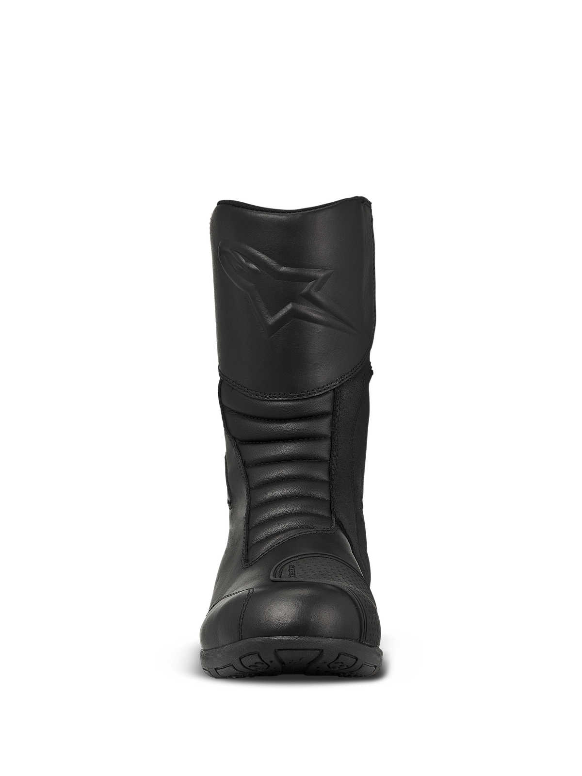 Alpinestars Web GORE-TEX støvler, sorte touring-motorcykelstøvler, set forfra med præget stjernelogo på skinnebenet, harmonika-flexzoner for bedre bevægelighed og holdbar læderkonstruktion.