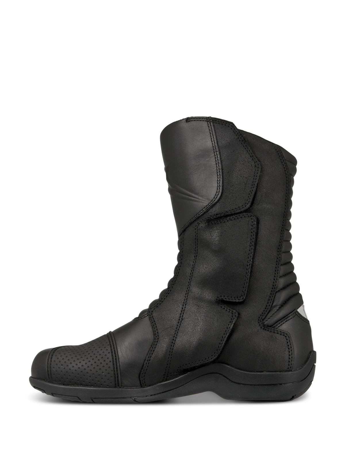 Alpinestars Web GORE-TEX støvler, touring motorcykelstøvler, sort, sideprofil der viser læderkonstruktion, sideindgangssystem med stor lukkeklap og harmonikaflekszoner bagpå for manøvredygtighed.