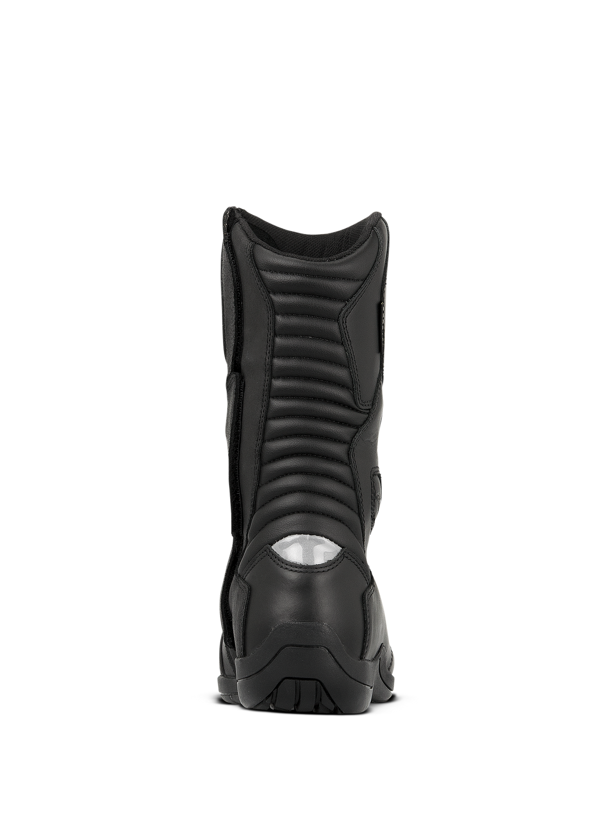 Alpinestars Web GORE-TEX støvler, vandtætte motorcykel touringstøvler, sort, set bagfra med ribbede harmonika-flekszoner og en reflekterende hælindsats for synlighed om natten, slidstærk læderkonstruktion med en robust sål