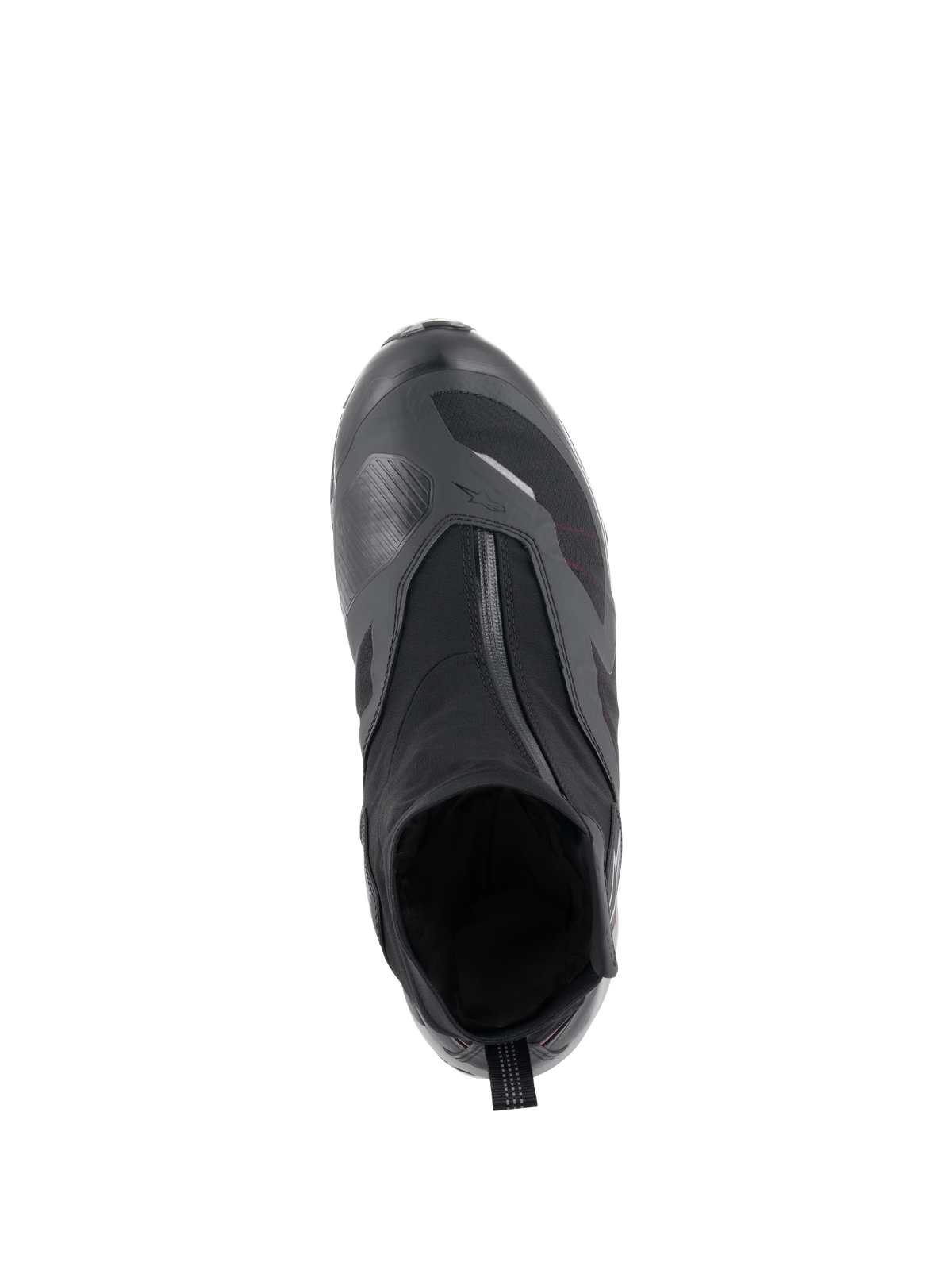 Alpinestars CR-8 GORE-TEX Shoe in Black, Mid Gray, and Bright Red, top-down view showing the angled waterproof zipper, internal bootie construction, and textured shifter pad for all-weather motorcycle touring.
