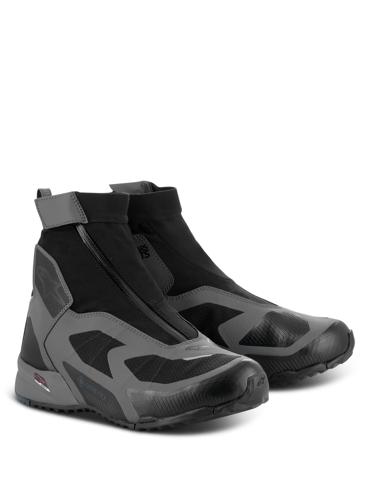 Alpinestars CR-8 GORE-TEX Shoes, Motorcycle Riding Shoes, Black Dark Gray and Petrol Blue, featuring a high-cut waterproof design with an angled zipper closure and GORE-TEX branding.