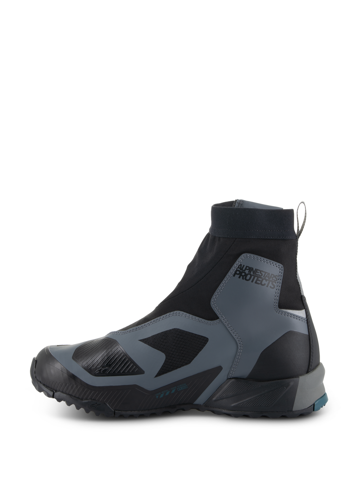 Alpinestars CR-8 GORE-TEX Shoes, Motorcycle Riding Shoes, Black and Dark Gray, side profile showing high-cut stretch bootie, protective overlays, 'ALPINESTARS PROTECTS' branding on the ankle, and a durable rubber sole, waterproof and breathable for adventure touring.