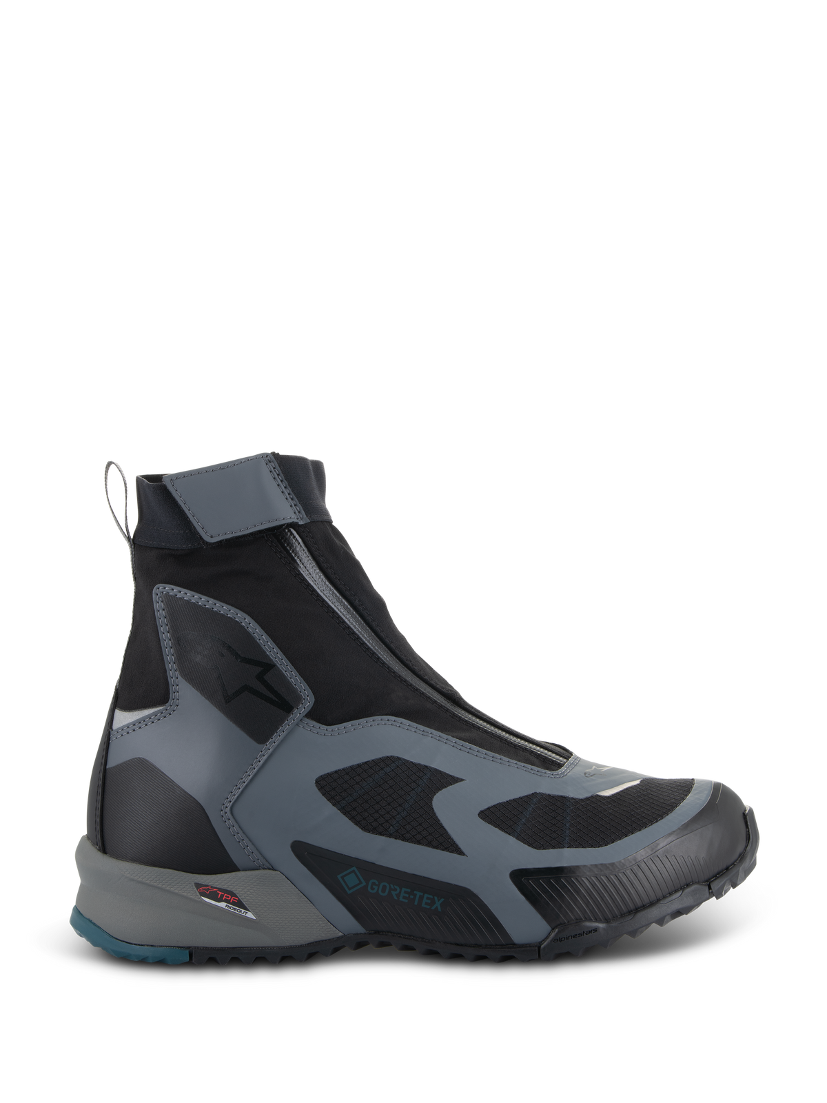 Alpinestars CR-8 GORE-TEX Shoes, Black and Dark Gray motorcycle boots, waterproof high-top design with angled zipper, breathable textile panels, TPF protection frame, rugged sole with petrol blue heel accent