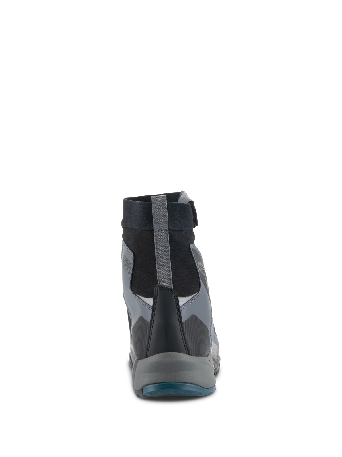 Alpinestars CR-8 GORE-TEX Shoes, Motorcycle Riding Shoes, Black Dark Gray and Petrol Blue, rear view featuring the high-cut waterproof bootie, gray heel pull tab, and layered protective panels