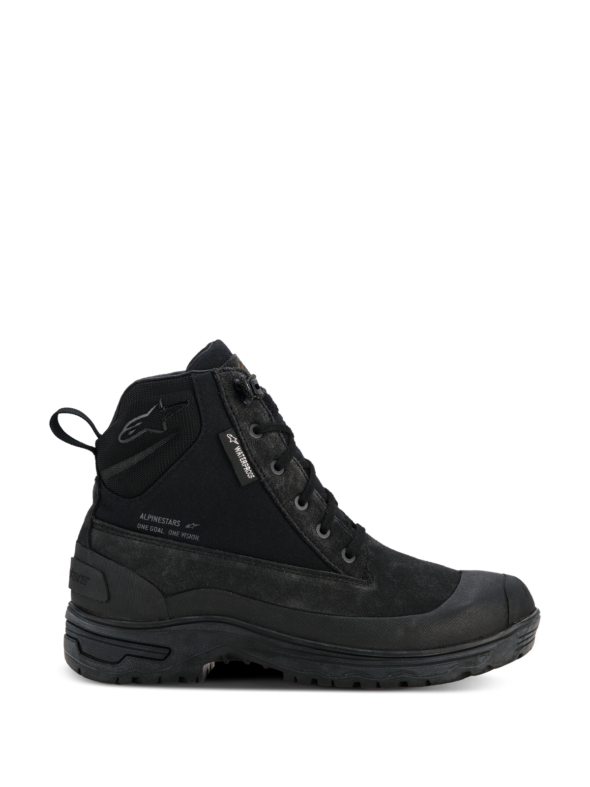Alpinestars Woman Judy Waterproof støvler, sorte urban motorcykelstøvler til damer, high-top kampstøvle-stil med snørebånd, robust tyk sål, vandtæt mærke og trækstrop bagpå, mat ruskind og tekstilfinish