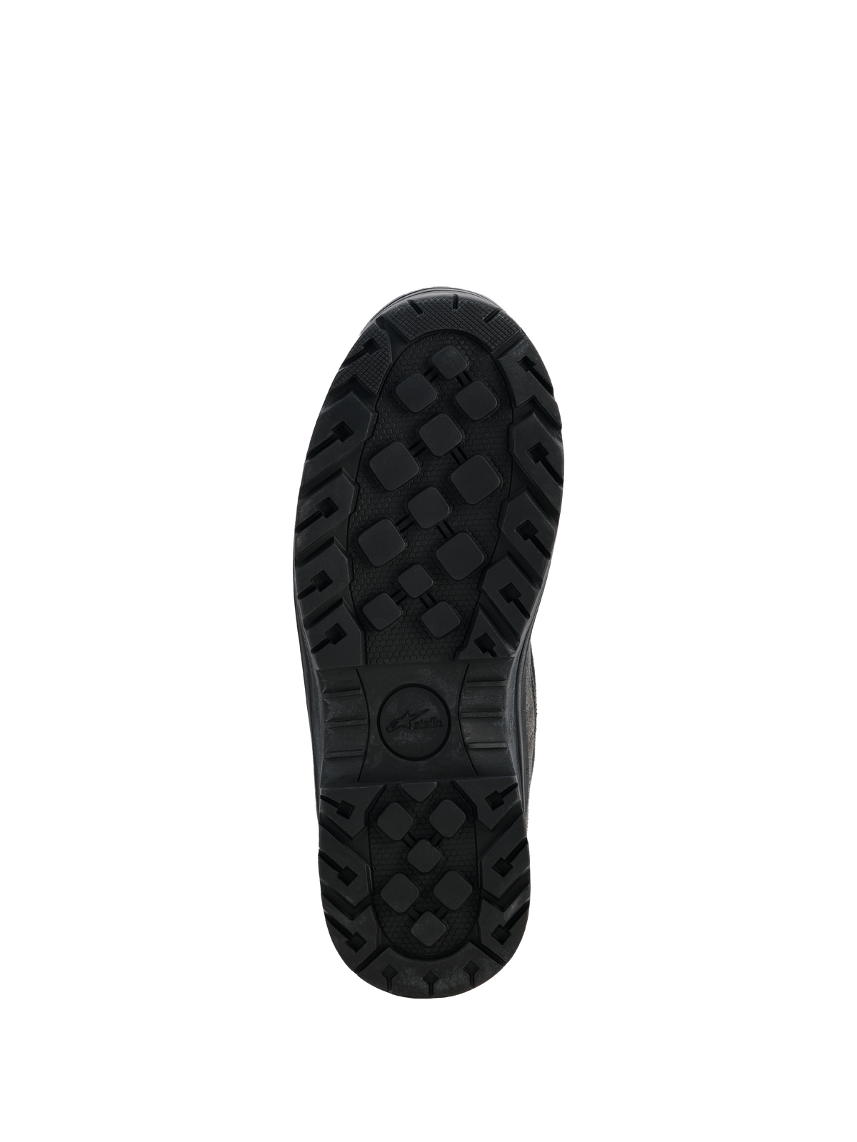 Alpinestars Woman Judy Waterproof støvler, sorte motorcykelstøvler, set nedefra af den robuste gummiydersål, tekstureret mønster for forbedret greb og holdbarhed, med Stella-logoet
