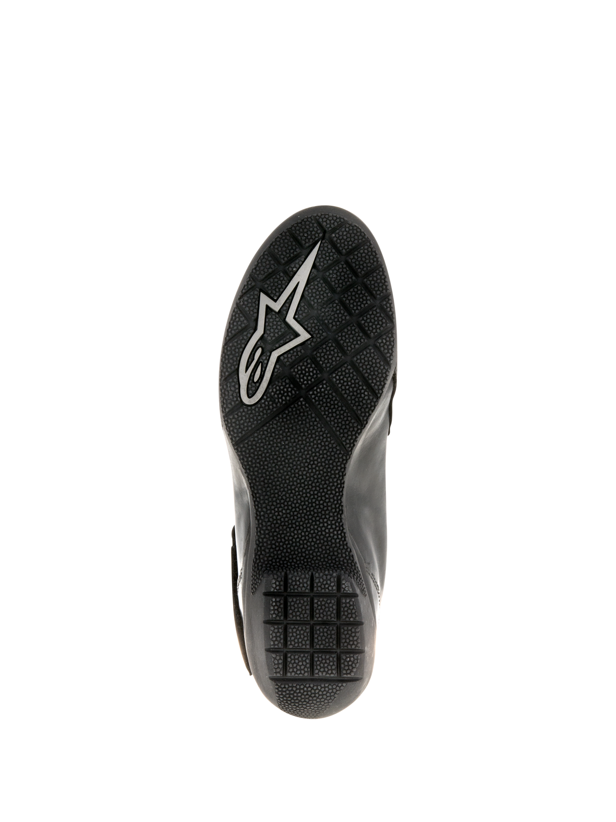 Alpinestars Stella Valencia vandtætte damestøvler, sort, visning af sålen med tekstureret gummi og skridsikkert grebsmønster samt hvidt Astars-logo, designet til stabilitet under motorcykel-touring.