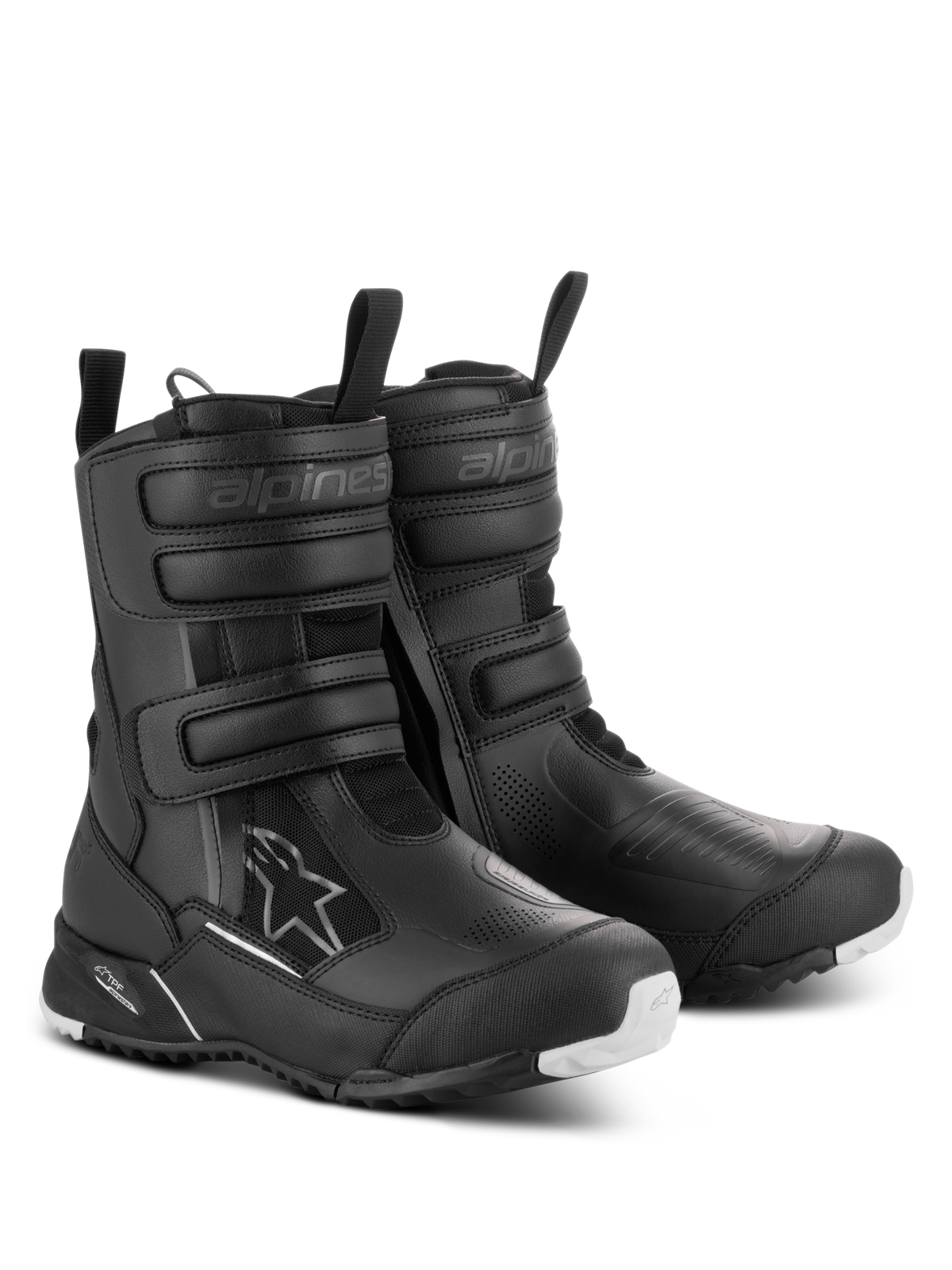 Alpinestars Stella RT-7 Touring Drystar® motorcykelstøvler til damer, sort, vandtætte touringstøvler med tre velcrostropper, dobbelt lynlåsåbning og en robust ydersål med hvide detaljer.