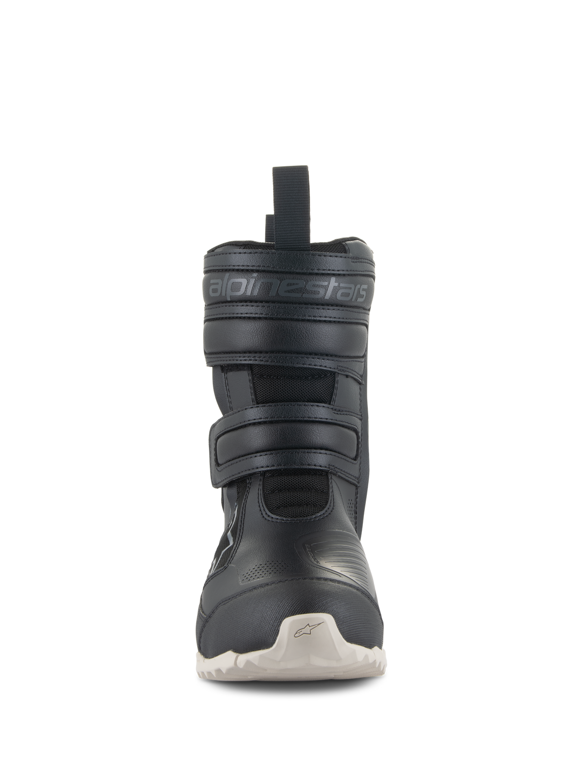Alpinestars Stella RT-7 Touring Drystar® støvler, motorcykel touringstøvler til damer, sort, set forfra med dobbelte velcrolukninger, præget Alpinestars-branding, teknisk overdel i mikrofiber og lys ydersål med groft mønster