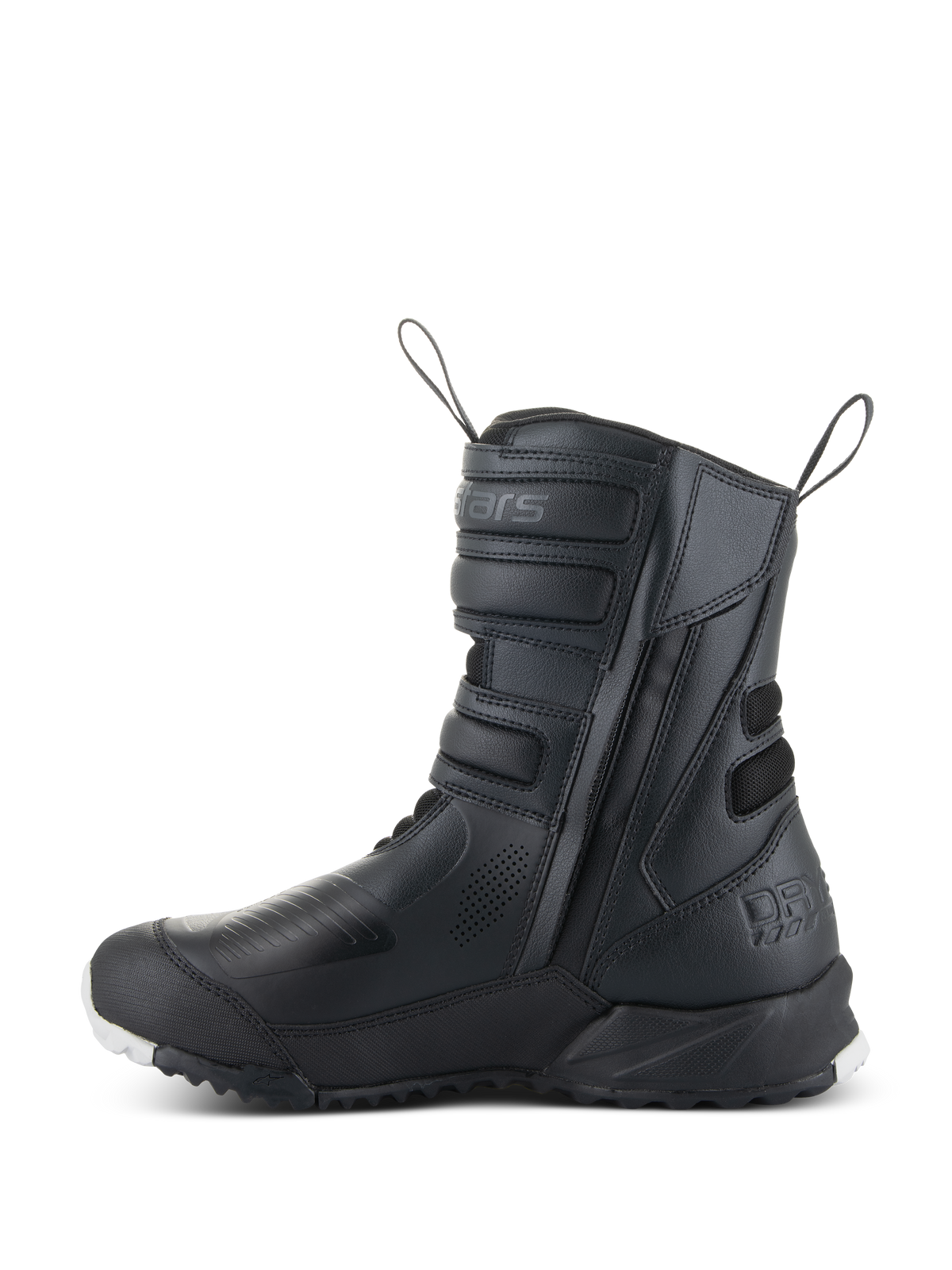 Alpinestars Stella RT-7 Touring Drystar® støvler til damer, motorcykel-touringstøvler til kvinder, sort, set fra siden med dobbelt lynlåsåbning, Velcro-stropjusteringer, forstærkede beskyttelseszoner og robust sål til adventure-kørsel