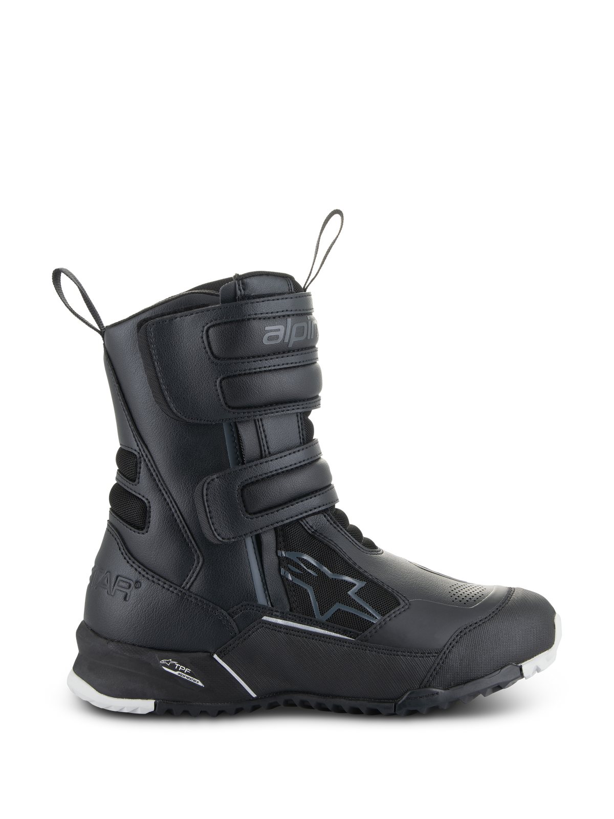Alpinestars Stella RT-7 Touring Drystar støvler til damer, sorte motorcykelstøvler til touring, sidevisning med tre velcroremme, vandtæt overdel i mikrofiber og tekstil, forstærket hæl med stjerne-logo og slidstærk grovmønstret sål med hvide detaljer