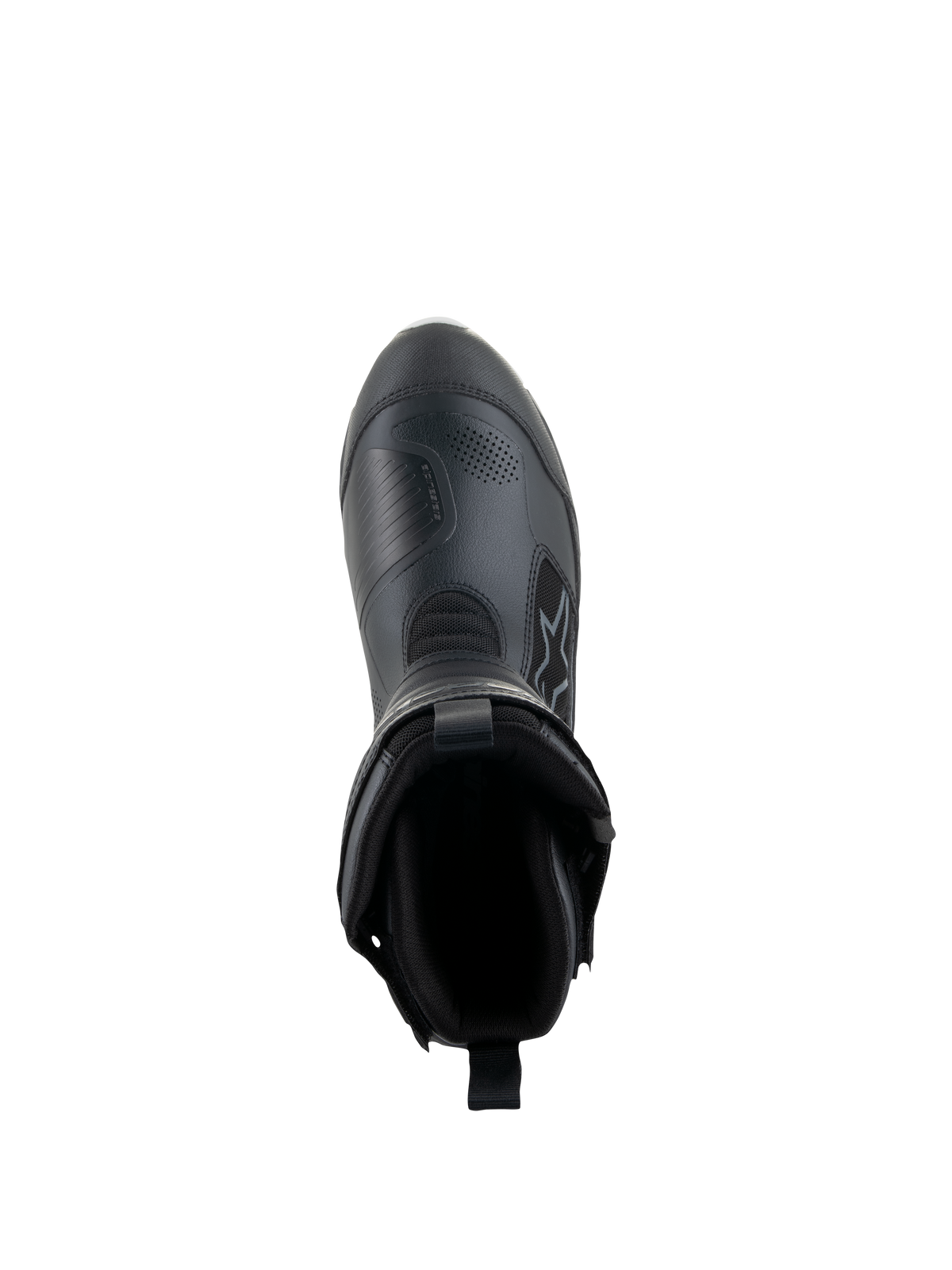 Alpinestars Stella RT-7 Touring Drystar® støvler til damer, sort, set fra oven, der viser støvleåbningen og den indvendige foring, avanceret mikrofiber- og tekstilkonstruktion til adventure touring