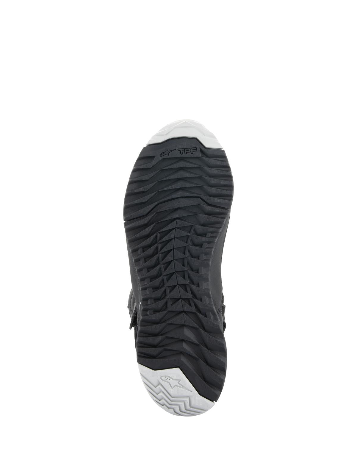 Alpinestars Stella RT-7 Touring Drystar® støvler til damer, sort, set nedefra med slidstærk gummiydersål, groft mønster for greb, TPF (Transversal Protection Frame) branding, lysegrå detaljer ved tå og hæl.