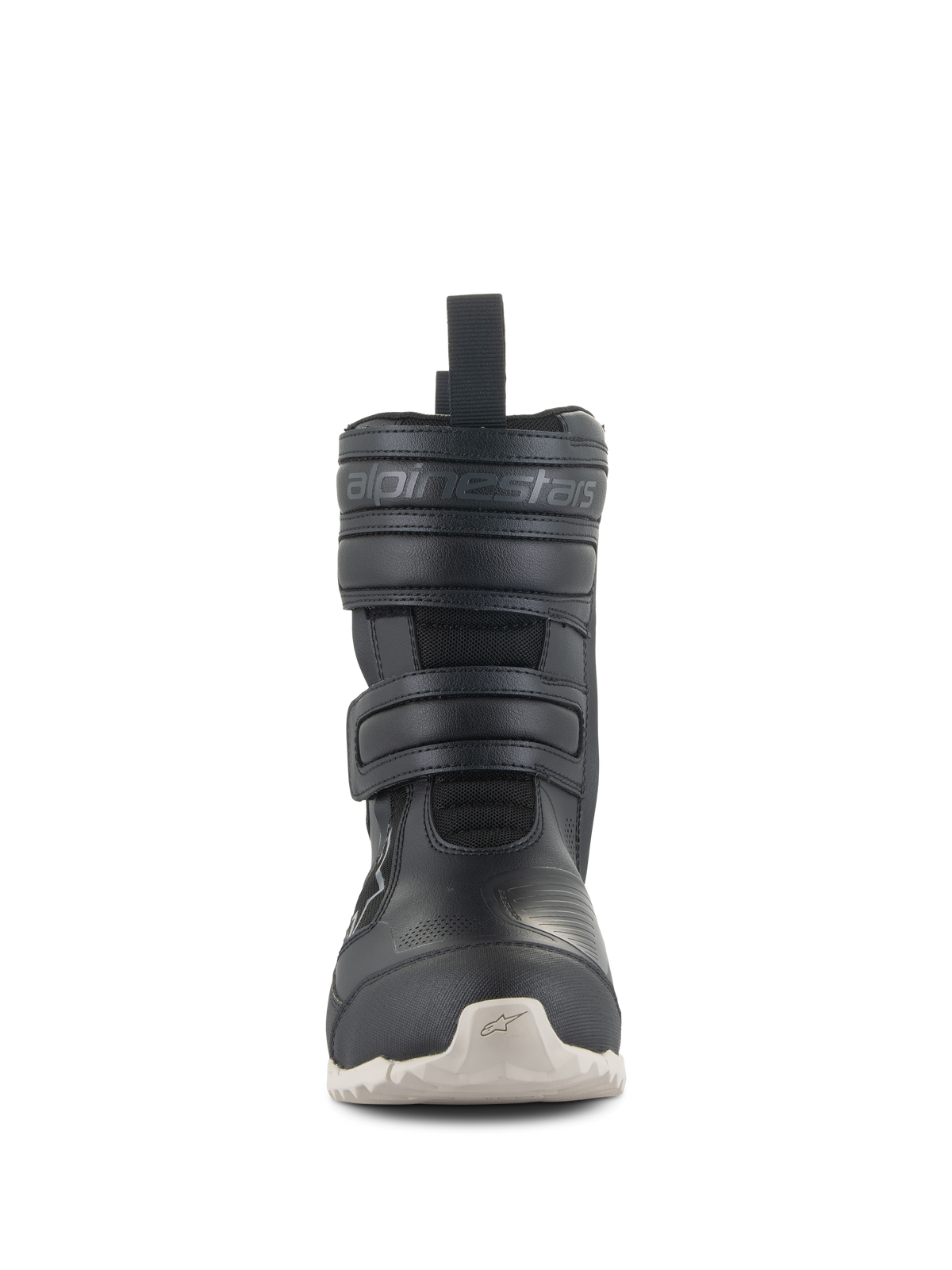 Alpinestars Stella RT-7 Touring Drystar® støvler til damer, sorte motorcykel-touringstøvler med hvid sål, set forfra med dobbelte velcrolukninger og præget Alpinestars-logo, teknisk design til vej- og adventure-kørsel