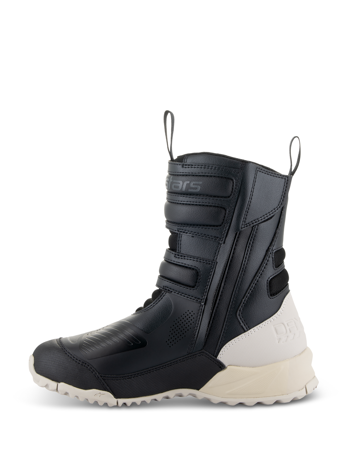Alpinestars Stella RT-7 Touring Drystar® støvler til damer, sort og hvid, sideprofil af en høj touring-motorcykelstøvle med mikrofiberkonstruktion, lynlås i siden med justerbare stropper og en kontrastfarvet råhvid hæl og sål