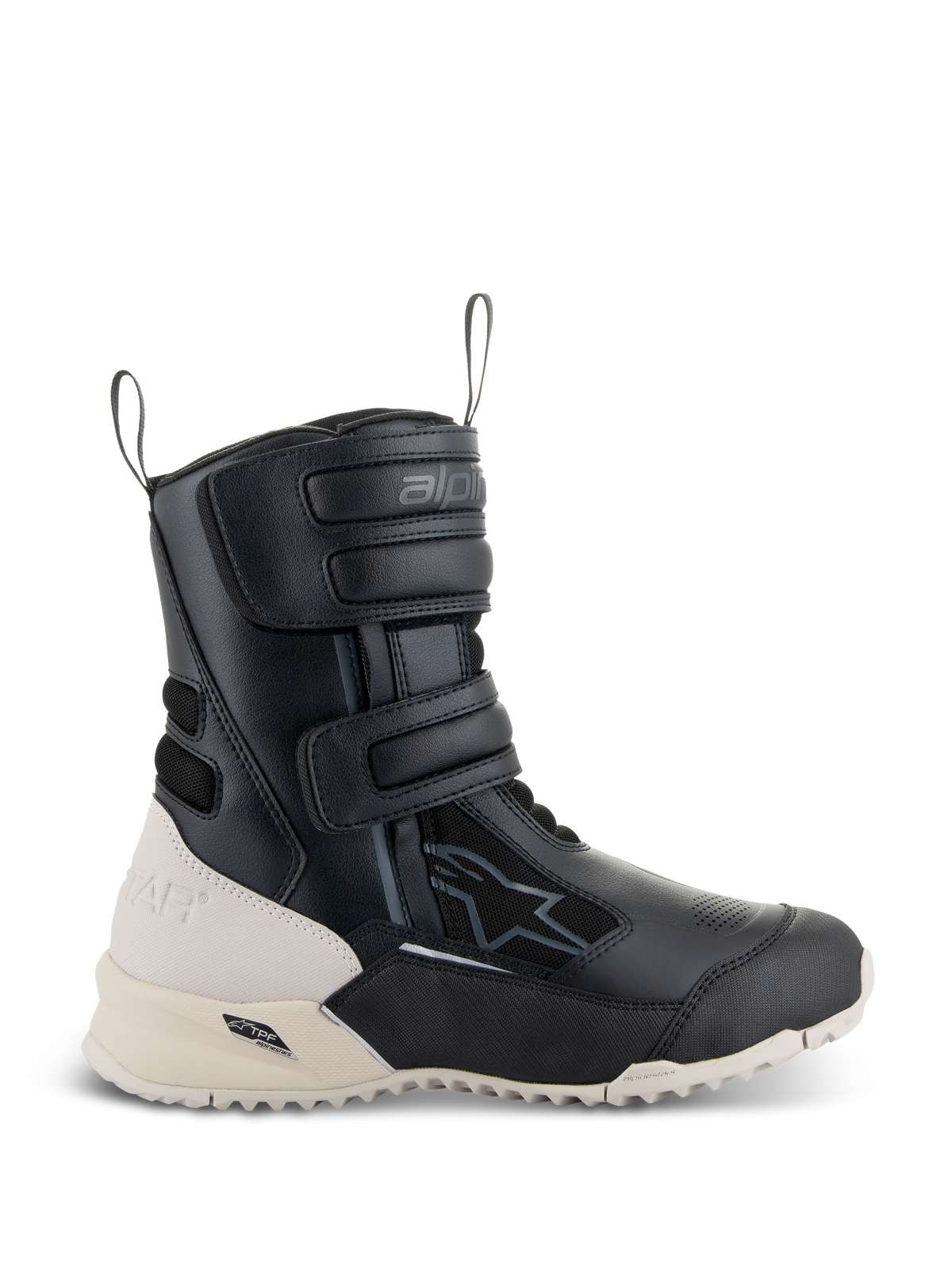 Alpinestars Stella RT-7 Touring Drystar-støvler til damer, motorcykeltouringstøvler, sort og hvid, med tre justerbare velcrostropper, trækstropper foran og bagpå samt en robust ydersål med TPF-støtteramme