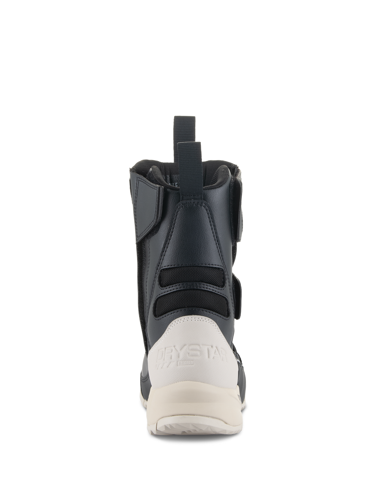 Alpinestars Stella RT-7 Touring Drystar® støvler til damer, set bagfra, sort og hvid, med hvid forstærket hælkappe med Drystar-branding, trækstrop bagpå og harmonikapaneler i tekstil for fleksibilitet.