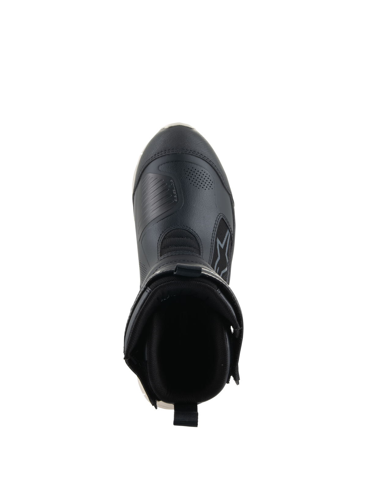 Alpinestars Stella RT-7 Touring Drystar® støvler, motorcykel touring-støvler til damer, sort og hvid, set oppefra og ned i støvleåbningen, med polstret krave, trækstrop bagpå og slidstærk overdel i mikrofiber med Alpinestars-branding.