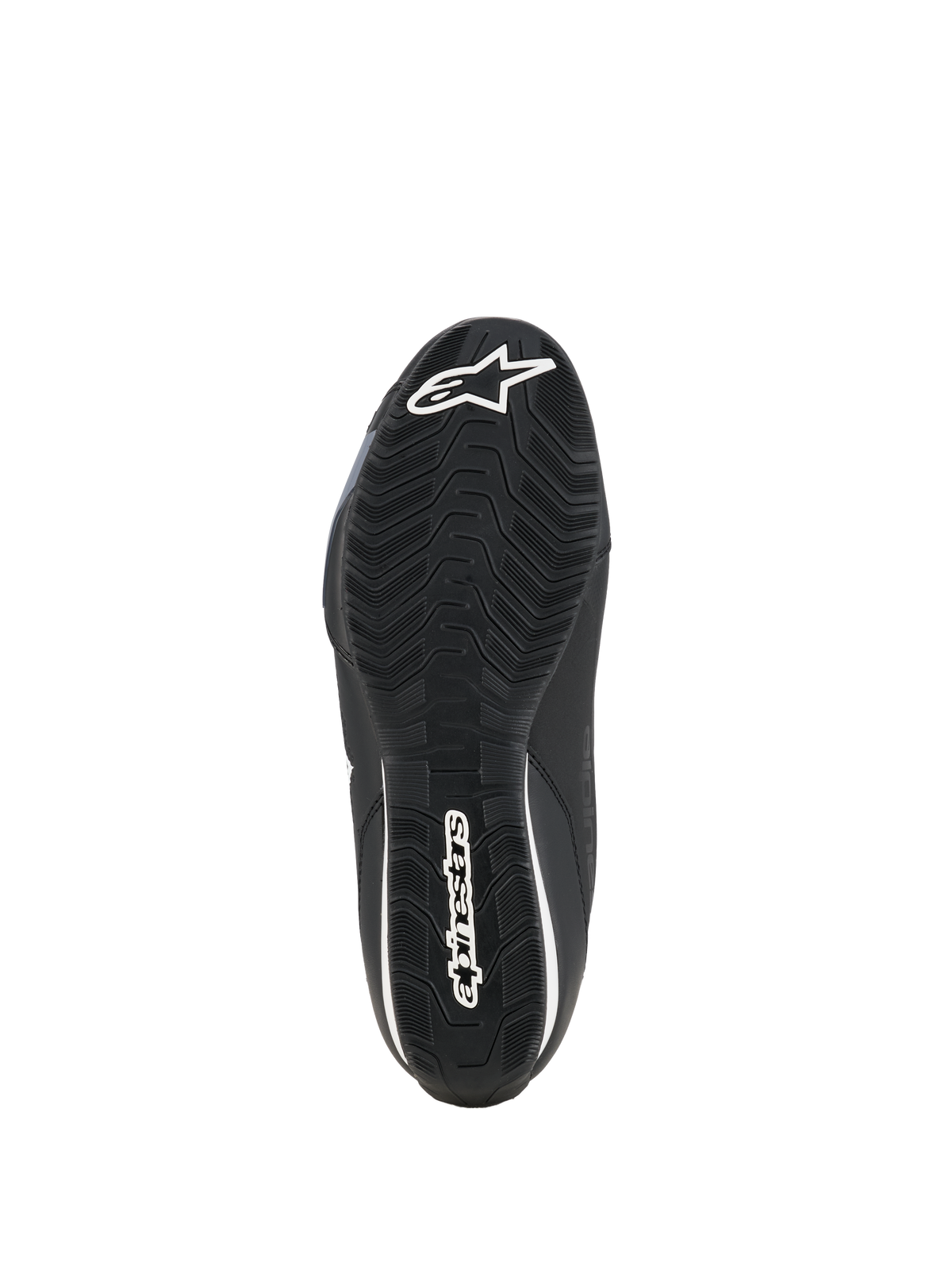 Alpinestars Celer sko, motorcykelsko, sort og hvid, undersidevisning af den olie-resistente gummisål med et tekstureret grebsmønster og hvid Alpinestars-branding.