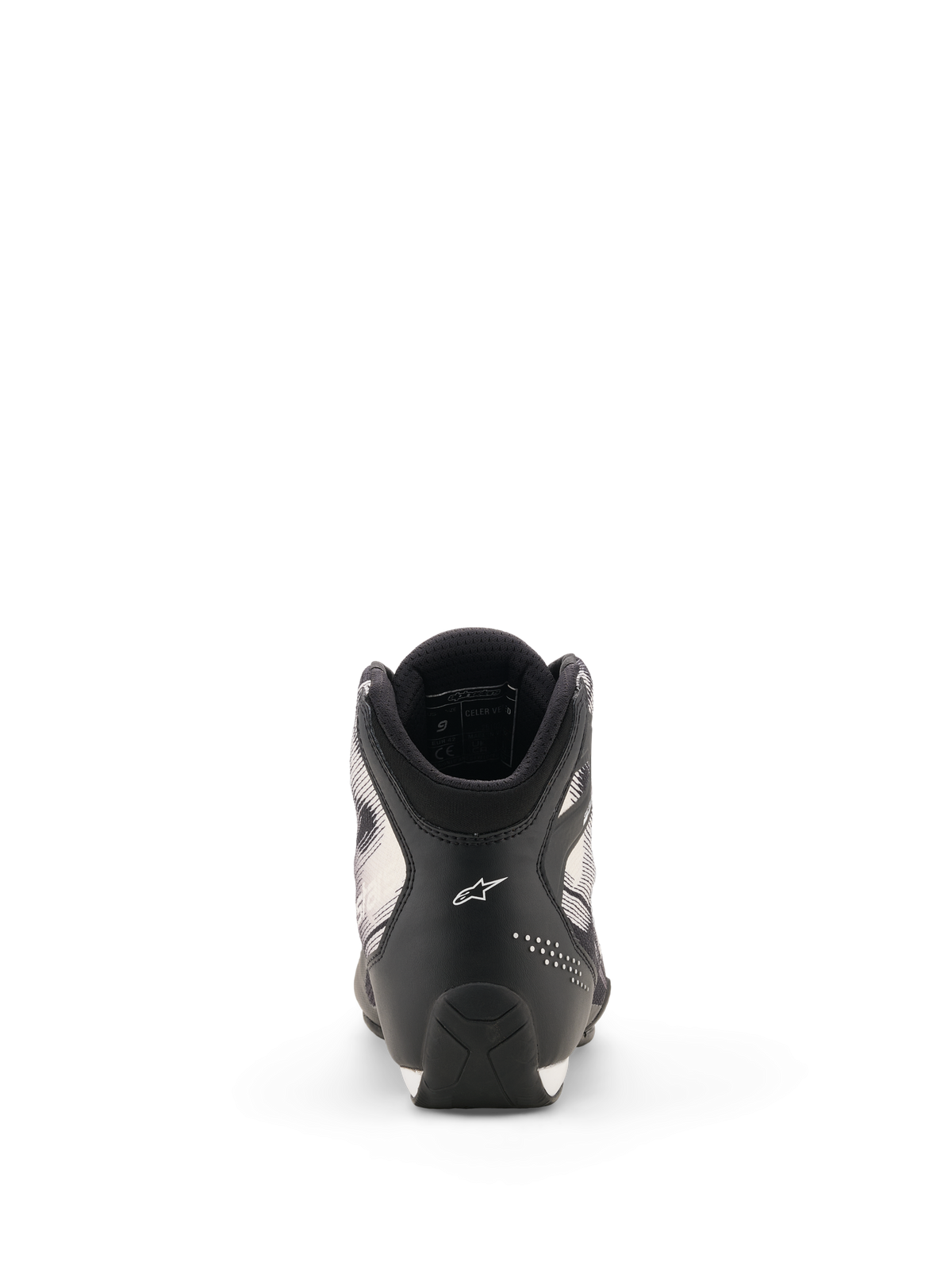 Alpinestars Celer Superair sko, motorcykelsko, sort og hvid, set bagfra der viser hælen med hvidt Astar-logo, perforerede detaljer og tekstureret såldesign