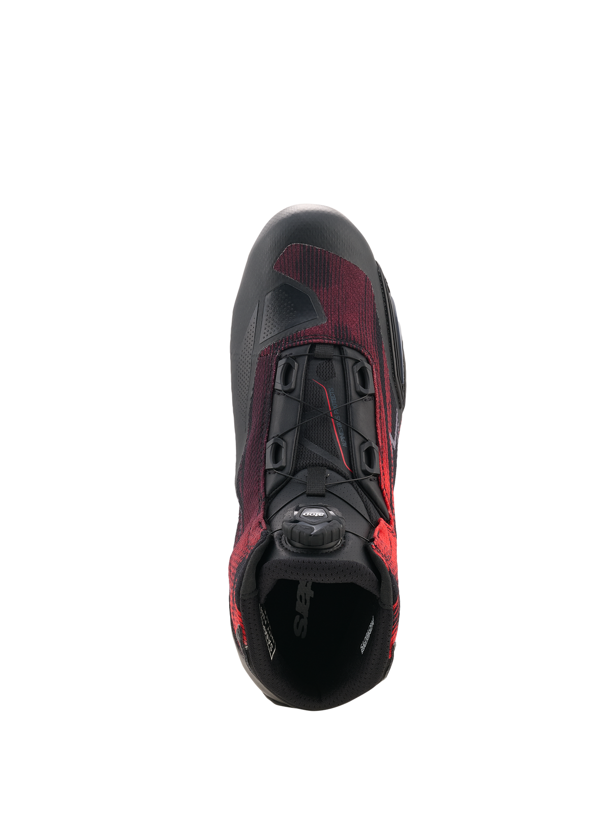 Alpinestars Celer Superair Shoes, Motorcycle Riding Shoes, Black and Bright Red, top-down view showing the Rotor Closure System dial, breathable airflow textile, and reinforced construction for sport riding.