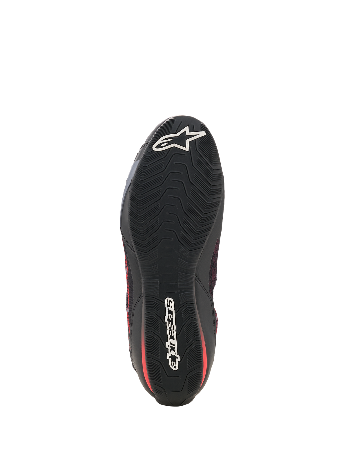 Alpinestars Celer Superair Shoes, Motorcycle Riding Shoes, Black and Bright Red, bottom view showing the black oil-resistant rubber outsole with a textured wavy grip pattern and white Alpinestars branding on the toe and heel