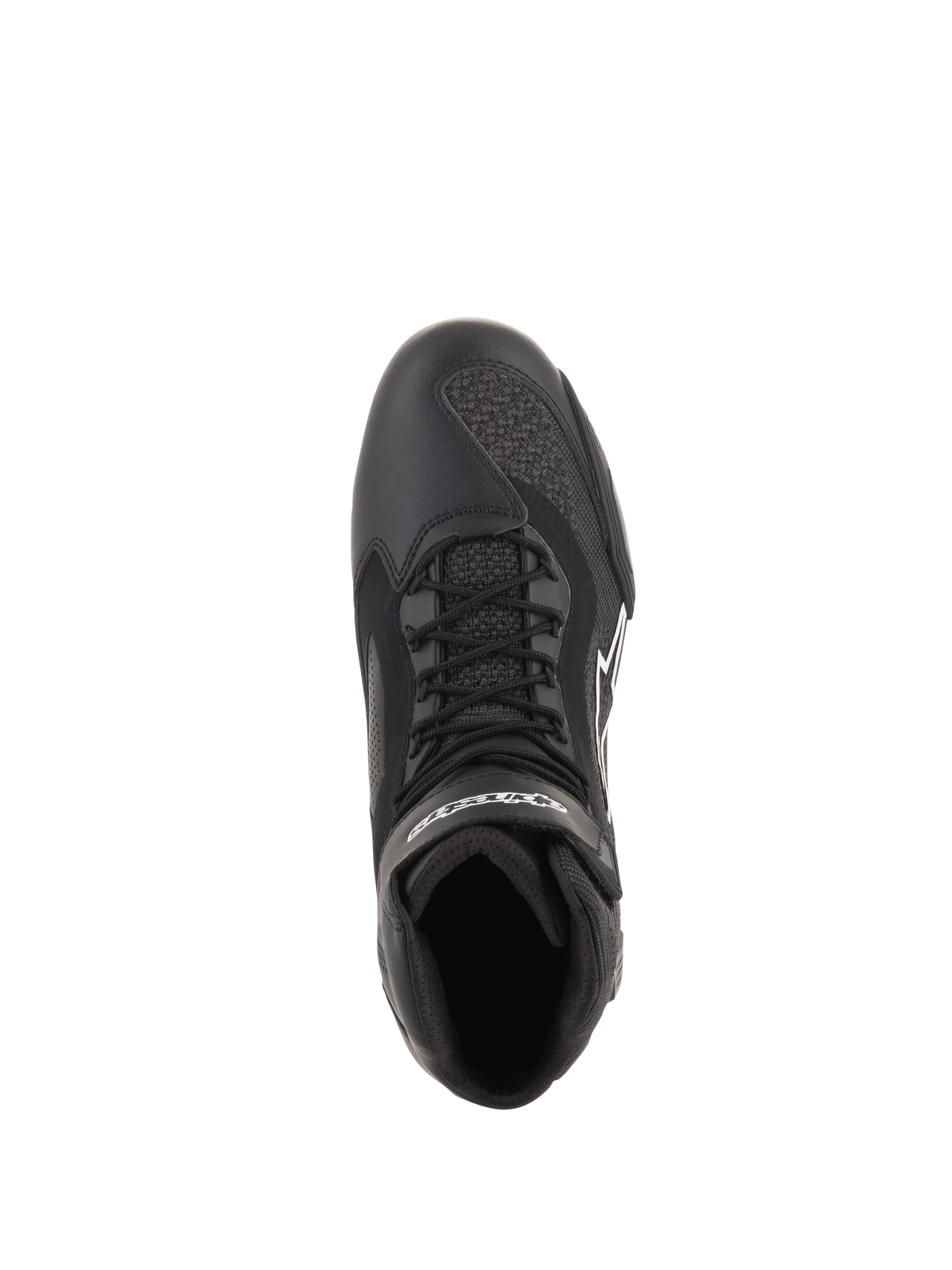 Alpinestars Faster-3 Rideknit® sko, sort, set oppefra viser snørebånd og åndbare mesh-paneler, letvægts mikrofiber- og strikkonstruktion, motorcykel-fodtøj