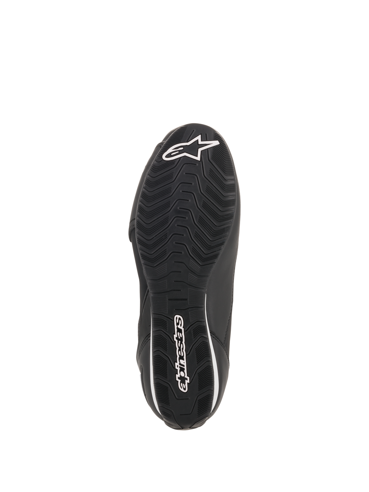 Alpinestars Faster-3 Rideknit® sko, sort, underside af sålen med et tekstureret bølgeformet mønster, hvidt Alpinestars-logo og ordmærke-branding, performance motorcykel-køresko