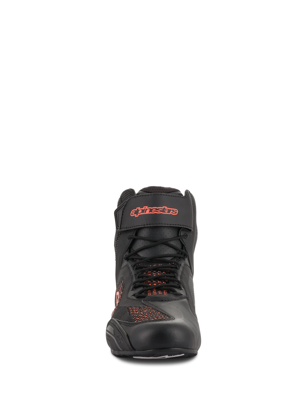 Alpinestars Faster-3 Rideknit® sko, sort og rød fluo, set forfra, motorcykelkøresko med åndbare strikkede mesh-paneler og velcro-ankelrem med rødt logo