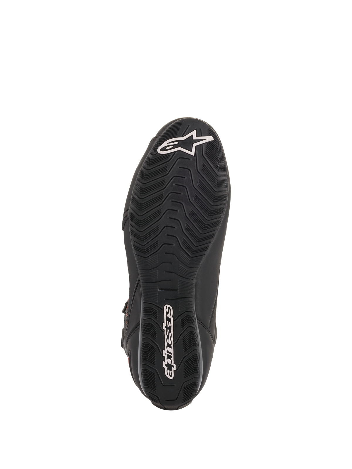 Alpinestars Faster-3 Rideknit® sko, sorte motorcykelkøresko, sålvisning med tekstureret grebsmønster og hvide Alpinestars-logoer på tå og hæl