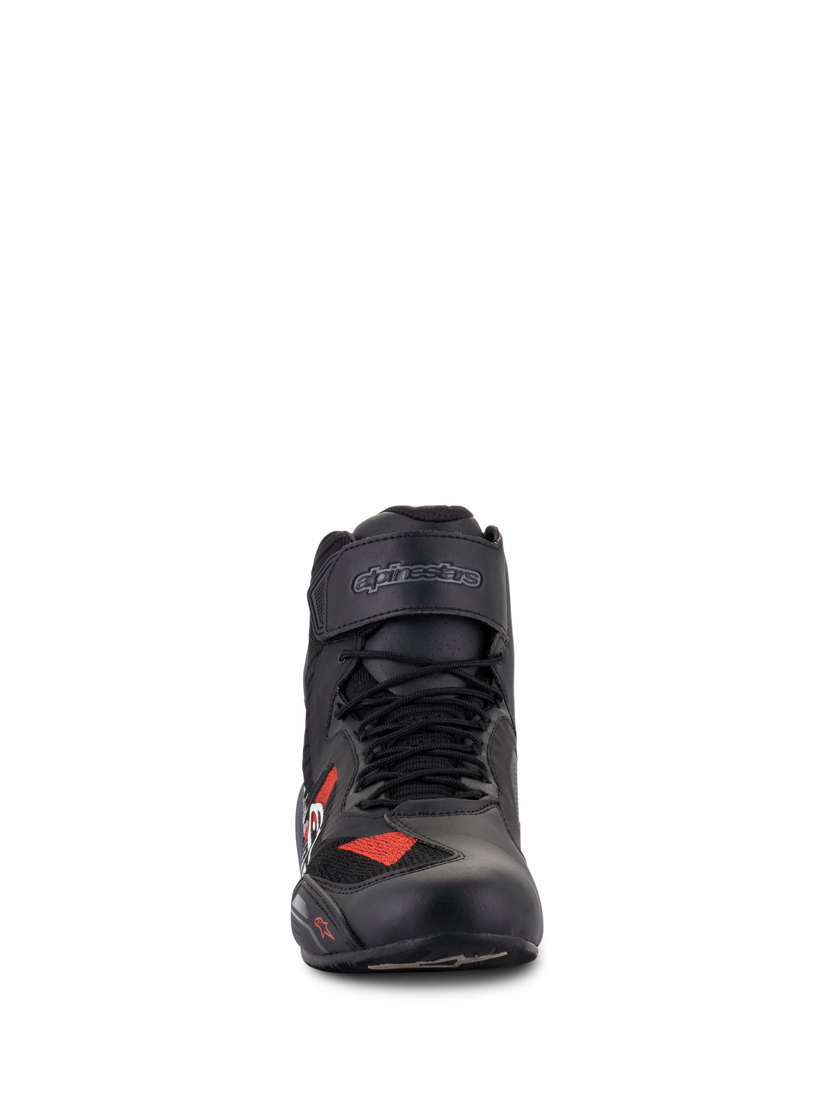 Alpinestars Faster-3 Rideknit® Shoes, Motorcycle Riding Shoes, Black Gray and Bright Red, front view showing black laces and Velcro strap with logo, lightweight microfiber and breathable mesh construction, sporty design for road riding