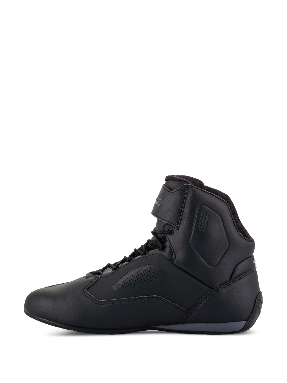 Alpinestars Faster-3 Rideknit® Shoes, Motorcycle Riding Shoes, Black, side profile view, sleek microfiber upper with perforated ventilation panels, lace-up closure with hook and loop ankle strap, sporty road racing-inspired design