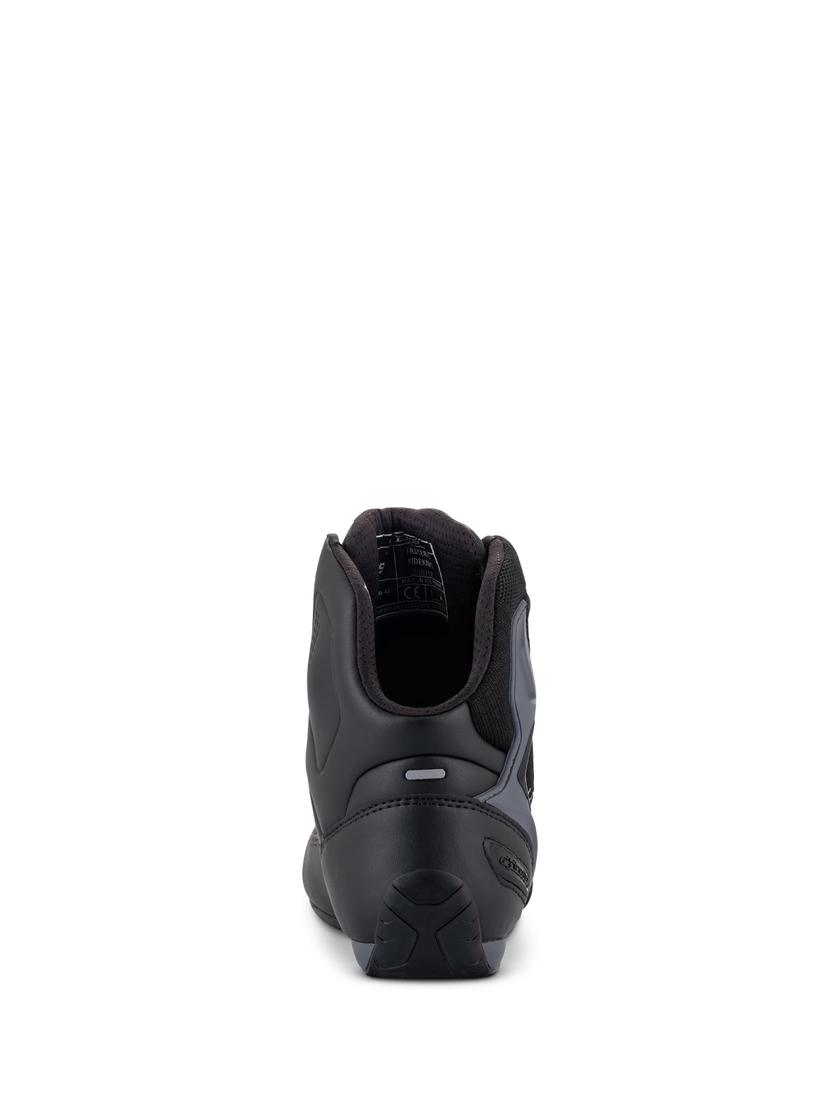 Alpinestars Faster-3 Rideknit® Shoes, Motorcycle Riding Shoes, Black Gray and Bright Red, rear view showing TPR heel counter and padded collar, sleek microfiber and textile construction