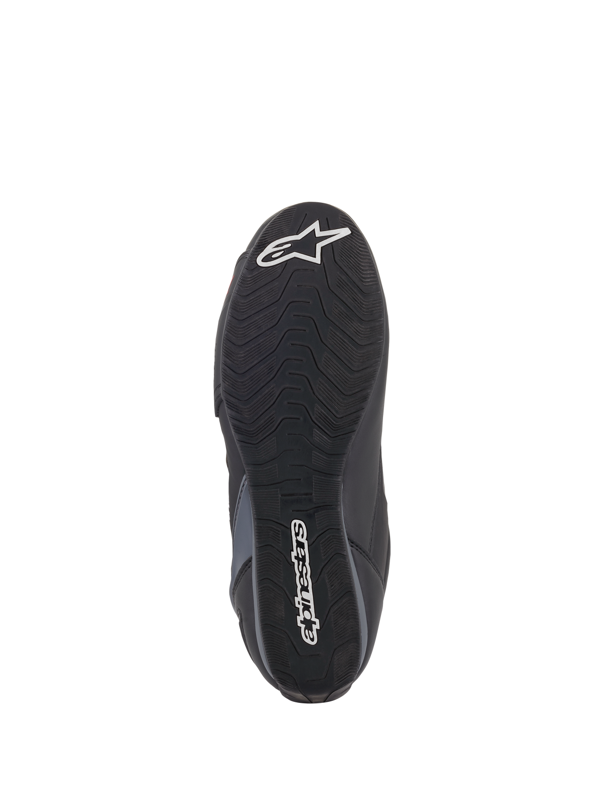 Alpinestars Faster-3 Rideknit® Shoes, sole view, black rubber outsole with wavy traction pattern, featuring white Alpinestars text and star logo, showing grip details for motorcycle riding
