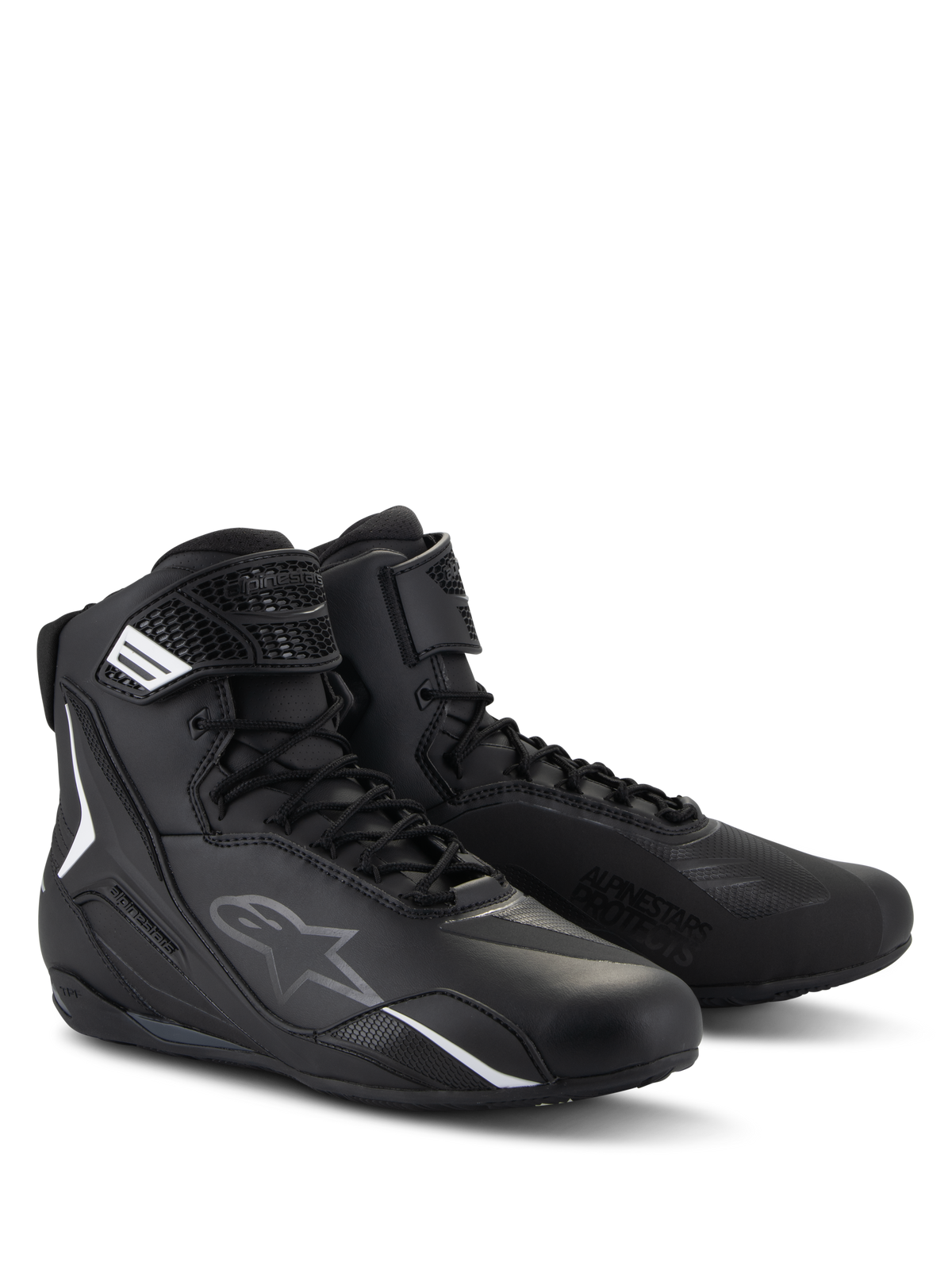 Alpinestars Faster-4 sko, motorcykel-køresko, sort, high-top design med snørebånd og velcrostrop, hvide og grå logoer, strømlinet mikrofiberkonstruktion til landevejskørsel