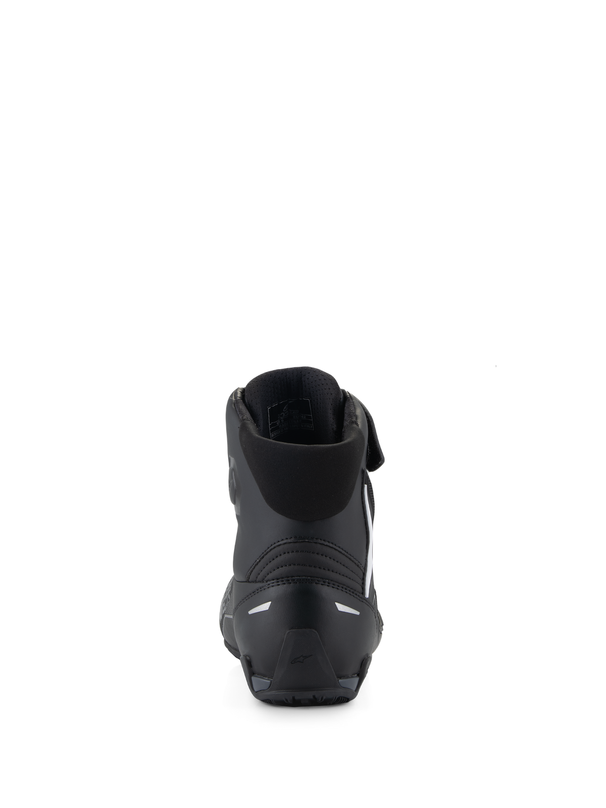 Alpinestars Faster-4 sko, sorte motorcykelkøresko, set bagfra med fokus på TPR-hælkappen og reflekterende detaljer, polstret tekstilkrave, præstationsorienteret design til sportslig landevejskørsel.
