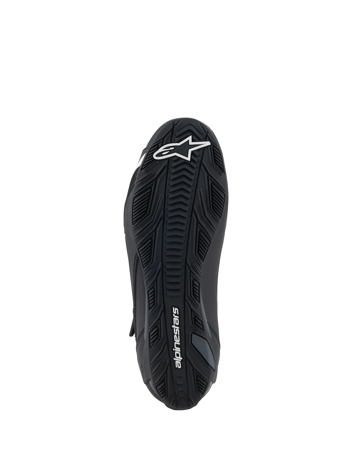 Alpinestars Faster-4 sko, sort, set nedefra af gummiydersålen med teksturerede grebsmønstre, hvidt Alpinestars-logo på forfoden og branding på hælen, motorcykel-køresko